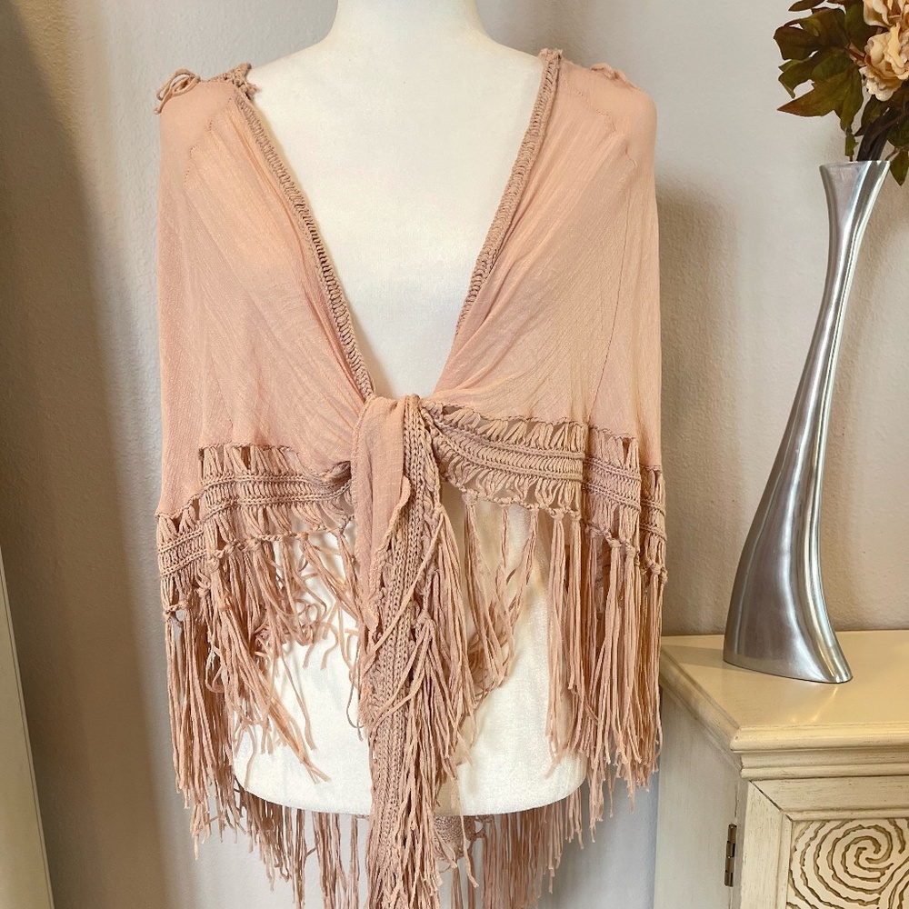 BCBGeneration Open Knit and Crochet Shawl With Fringe Accents